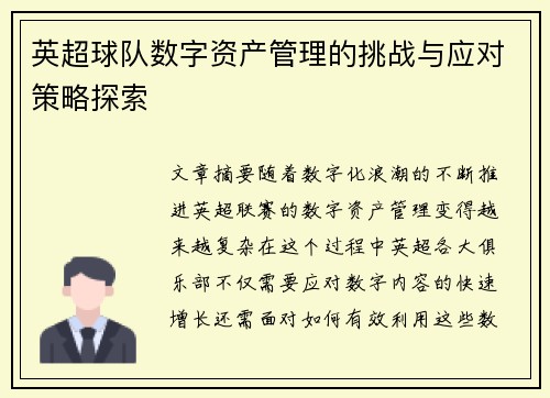 英超球队数字资产管理的挑战与应对策略探索